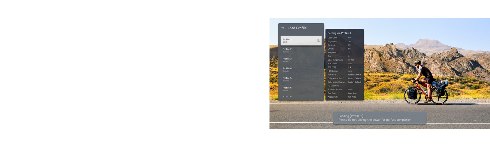 The image shows the 65EP5Q's Load Profile menu interface, illustrating how multiple user-specific screen setting profiles are stored separately and can be easily switched between.