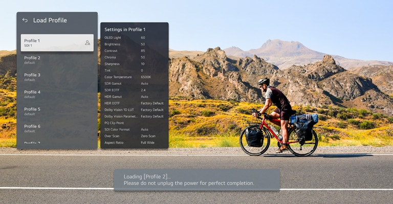The image shows the 65EP5Q's Load Profile menu interface, illustrating how multiple user-specific screen setting profiles are stored separately and can be easily switched between.