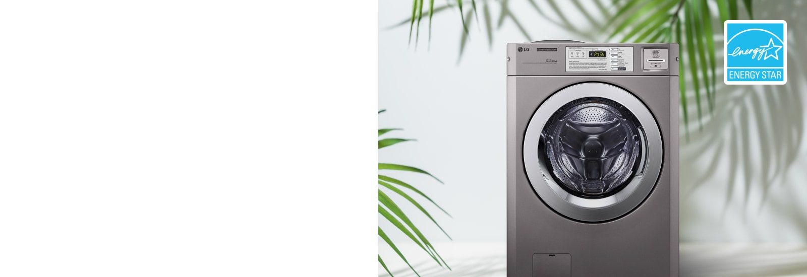 LG Commercial Laundry is placed at the center of a nature-inspired background. In the upper right corner of the image, a blue Energy Star mark is displayed.