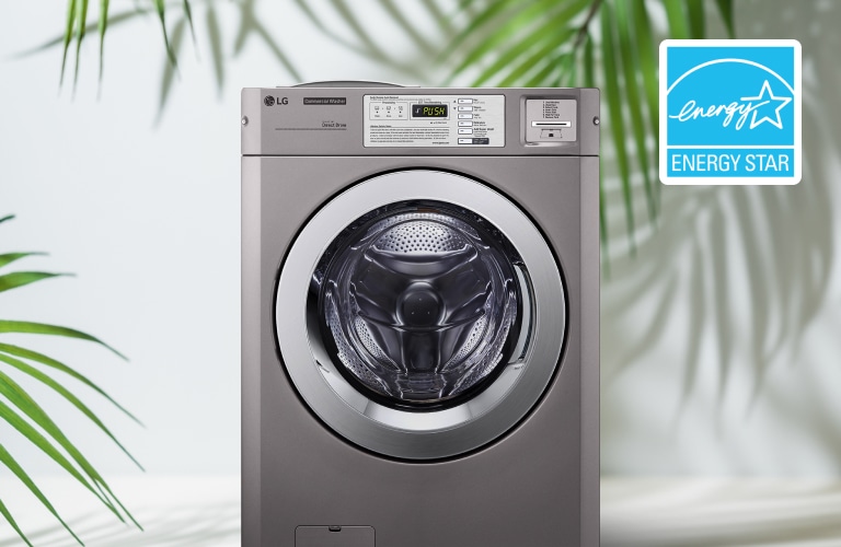 LG Commercial Laundry is placed at the center of a nature-inspired background. In the upper right corner of the image, a blue Energy Star mark is displayed.