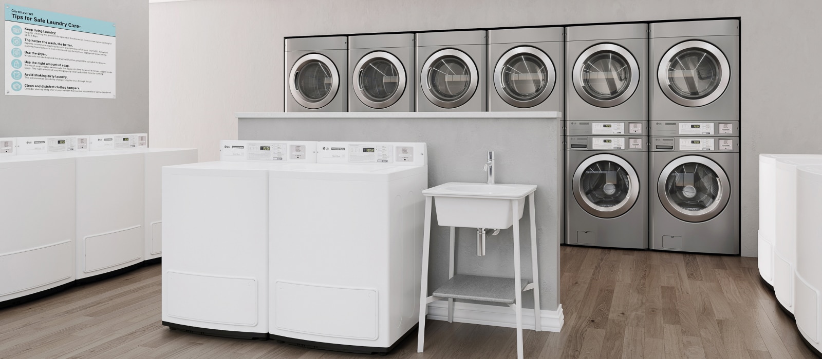 LG commercial laundry setup with stackable front-load washers and dryers, top-load washers, and a sink, providing an efficient laundry solution.