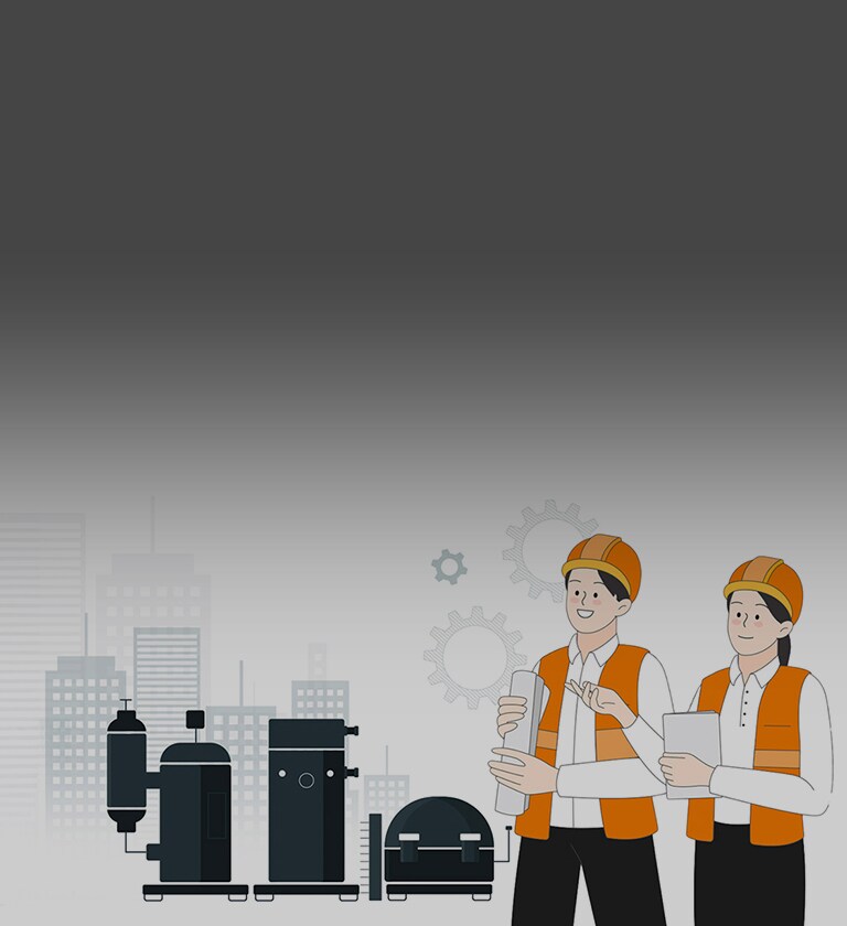A dark image of compressors and engineers