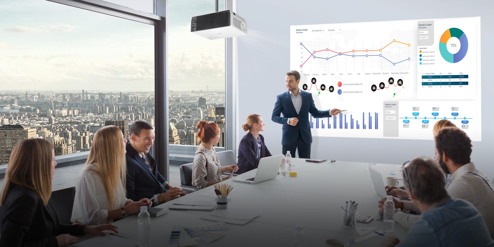 Using LG ProBeam business projector, a business man gives a presentation in conference room without turning off the lights or pulling down the curtains.