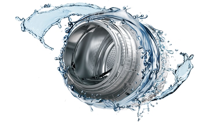 The image depicts a washing machine drum surrounded by a dynamic splash of water, symbolizing LG's Tub Cleaning System that provides hygienic and efficient laundry performance.