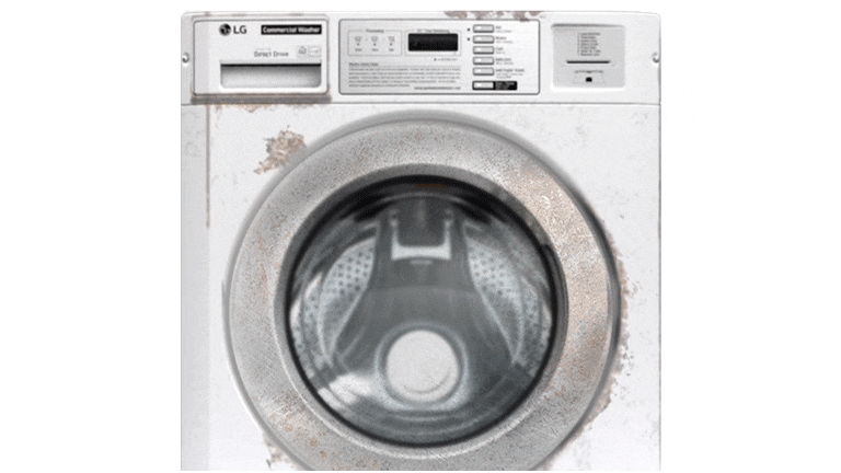 The image of the LG Commercial Laundry front view shows a machine with signs of wear, emphasizing the need for its rust and contamination-resistant coating. 
