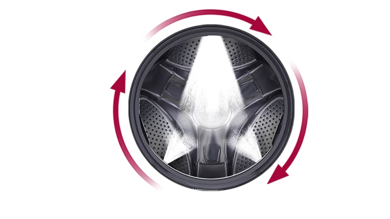 The drum of the LG Commercial Laundry is highlighted by a circular graphic with water spray effects, symbolizing the Atomizing and Twin Spray system’s enhanced cleaning action.