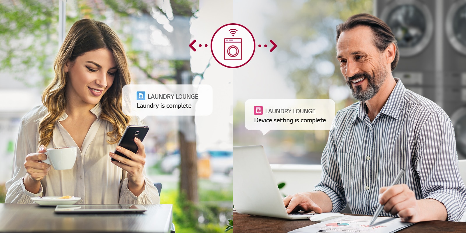 The image shows a woman using her smartphone in a cafe and a man receiving a laundry completion notification on his laptop, demonstrating the convenience of LG's Smarter Washing Machine system.