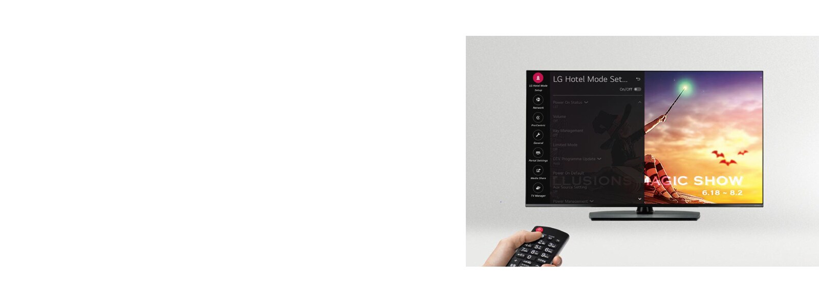 A person is controlling the TV settings with Public Display Mode.