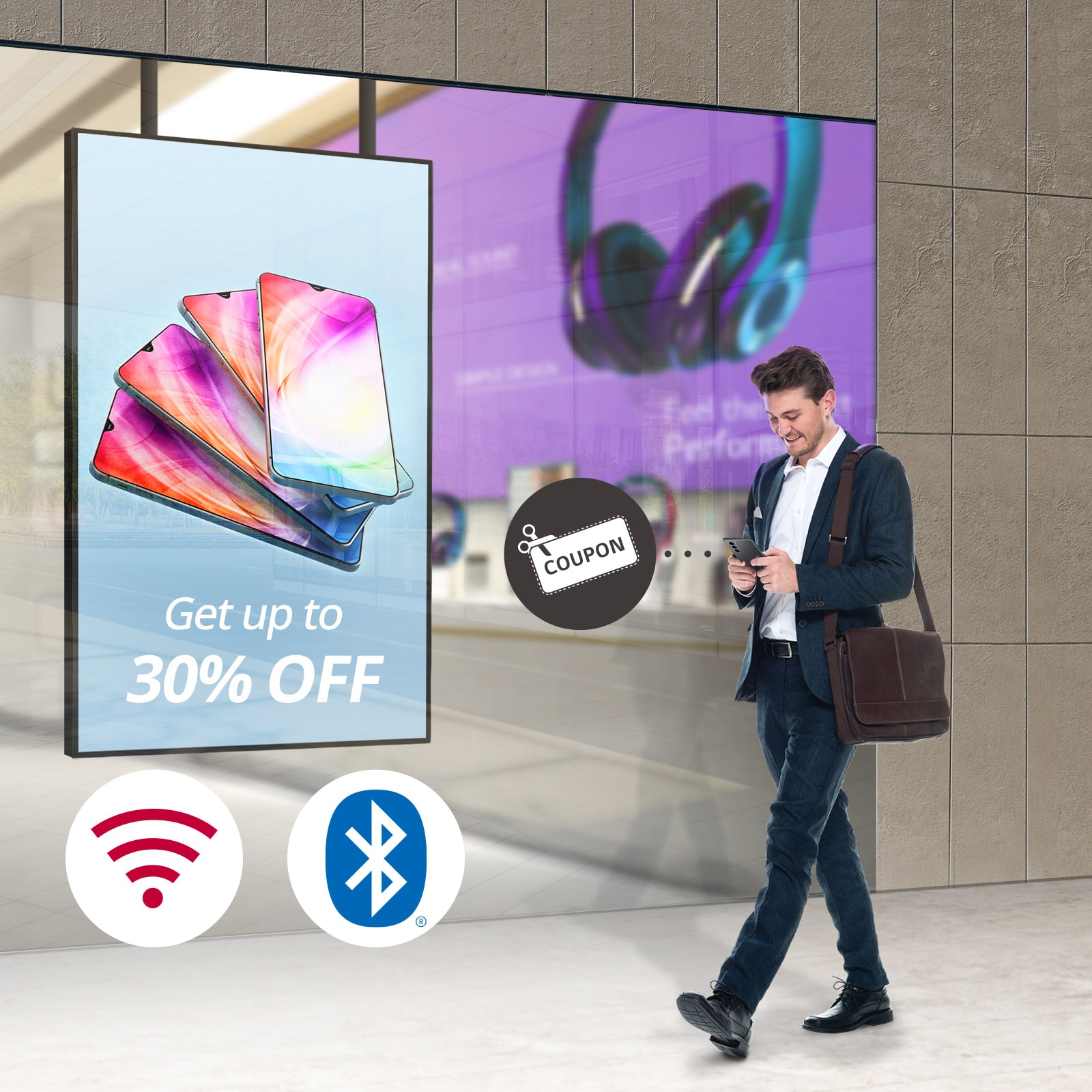 A visitor is receiving promotional coupon in real time through Wi-Fi, Bluetooth, and Beacon built into the display.