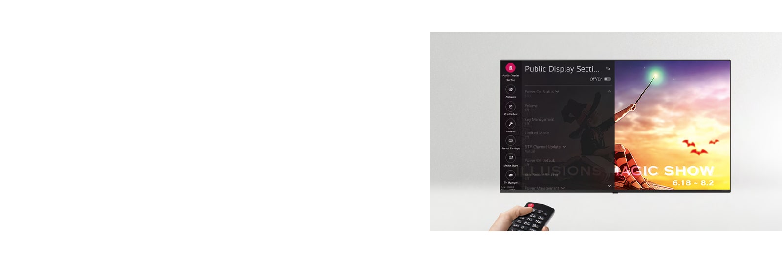 A person is controlling the TV settings with Hotel Mode.