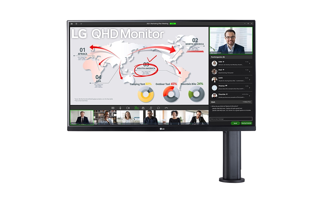 LG 31.5'' QHD Ergo IPS Monitor with USB Type-C™, front view with the monitor arm on the right, 32QP880