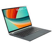 LG gram 2in1 Ultra-Lightweight with 14” 16:10 Anti-glare Display and Intel® Evo 13th Gen. Processors, -30 degree side view with the cover open, 14T90R, thumbnail 2