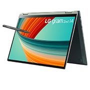LG gram 2in1 Ultra-Lightweight with 14” 16:10 Anti-glare Display and Intel® Evo 13th Gen. Processors, -30 degree side view  of tent mode, 14T90R, thumbnail 4