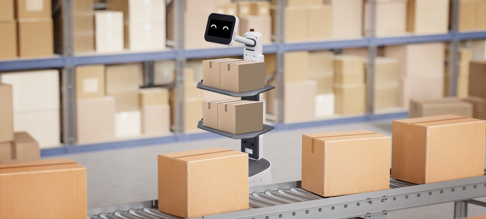 LG CLOi CarryBot is carrying two small boxes on each tray working right near the conveyor belt with smile on LCD display	