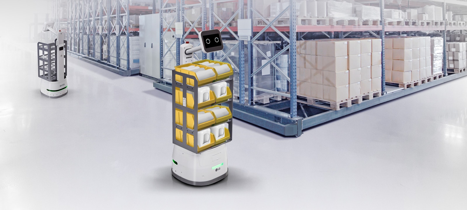 LG CLOi CarryBot is carrying two tote boxes on each tray working in a container space	