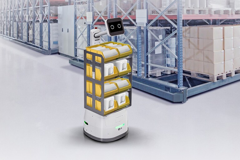 LG CLOi CarryBot is carrying two tote boxes on each tray working in a container space	