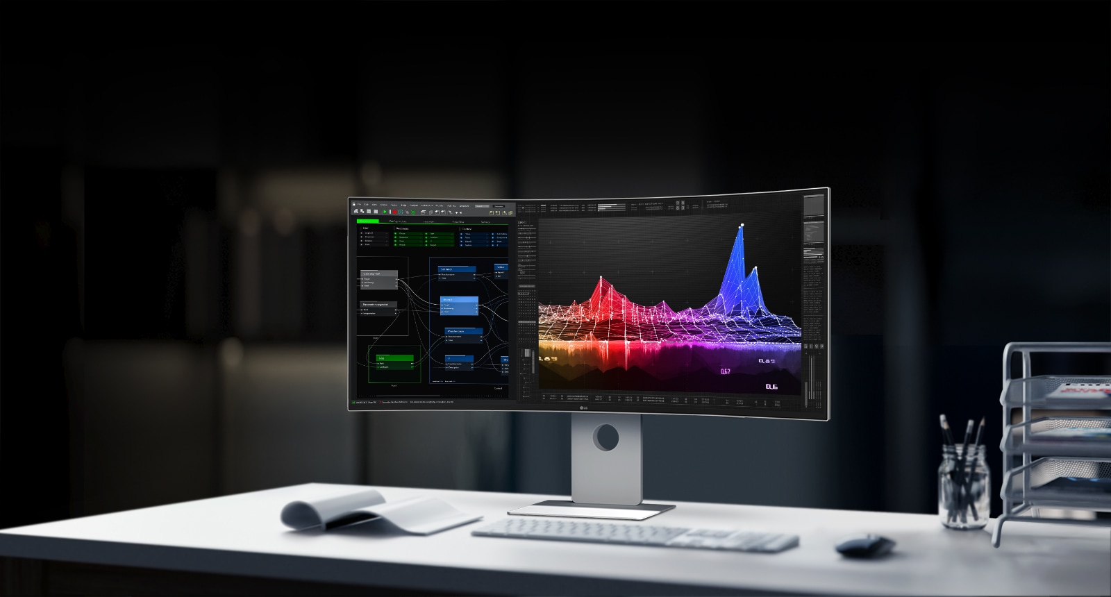 LG UltraFine monitor on a desk displaying colorful data visualizations and coding interface in a modern office setting.