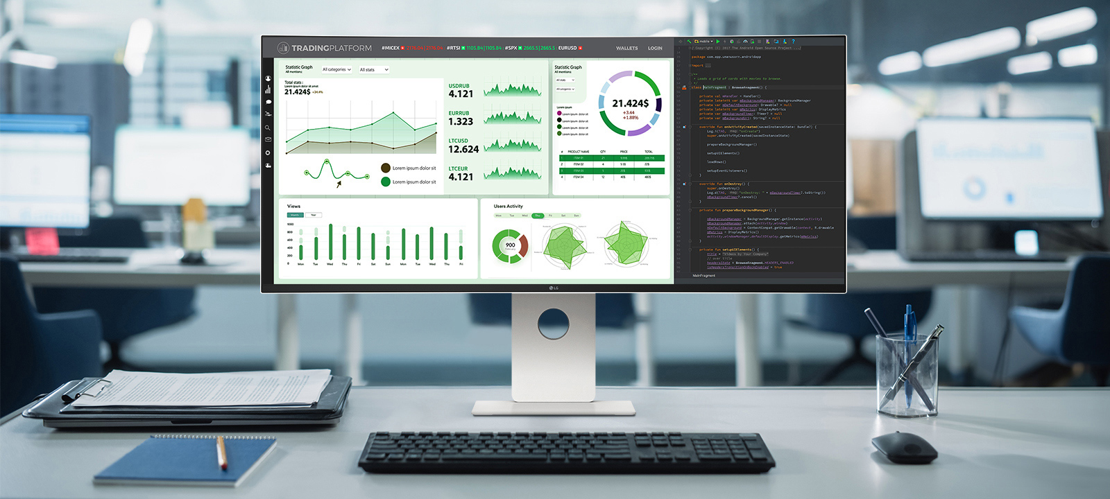 LG UltraFine monitor on an office desk, displaying a trading dashboard and coding interface in a modern workspace.