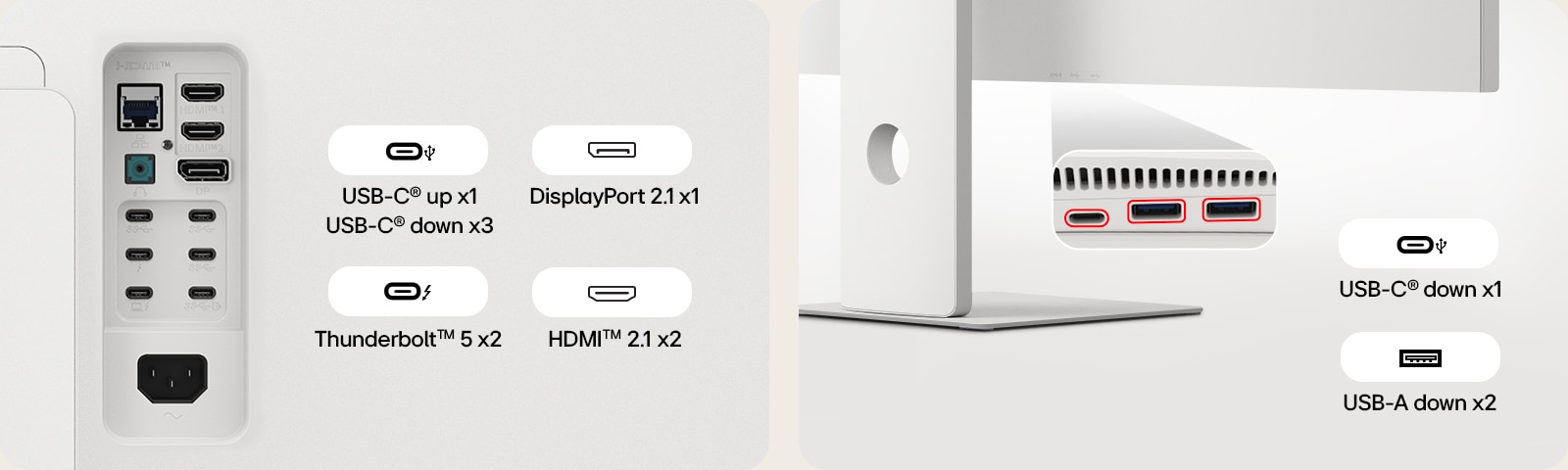 Detailed view of a monitor’s rear and underside showing multiple ports including USB-C, Thunderbolt 5, DisplayPort 2.1, HDMI 2.1, and USB-A.	