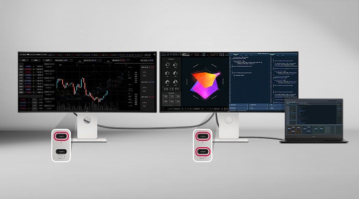LG UltraFine monitors connected to a laptop via Thunderbolt 5 ports, displaying stock analysis, 3D graphics, and software development tools for multitasking workflows.	