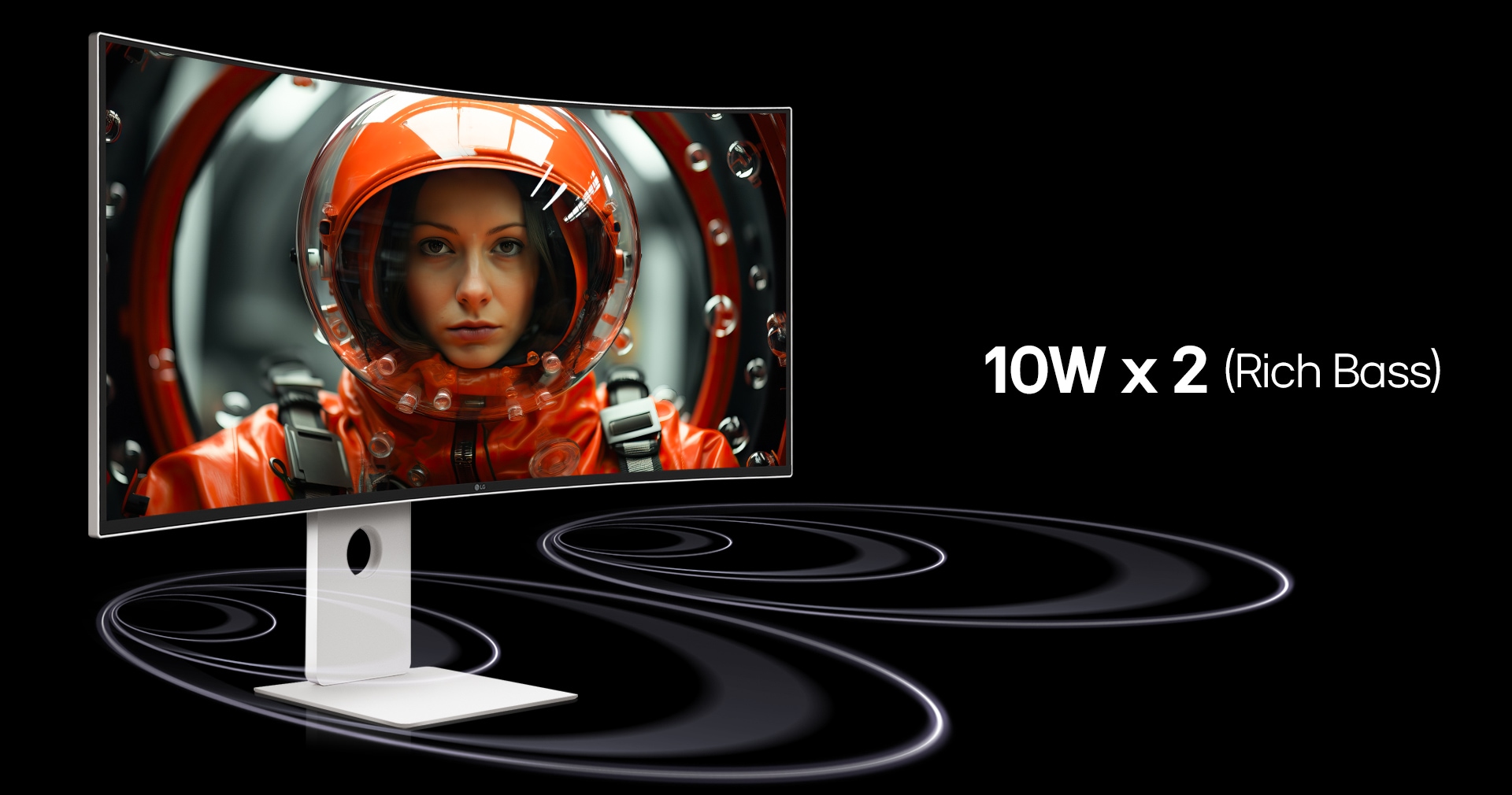 A UltraFine monitor is placed in a virtual space with soundwaves coming from the bottom part of the monitor moving forward. On  the screen a woman in a red-space-suit is facing forward.	