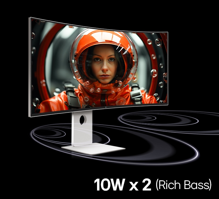 A UltraFine monitor is placed in a virtual space with soundwaves coming from the bottom part of the monitor moving forward. On  the screen a woman in a red-space-suit is facing forward.	