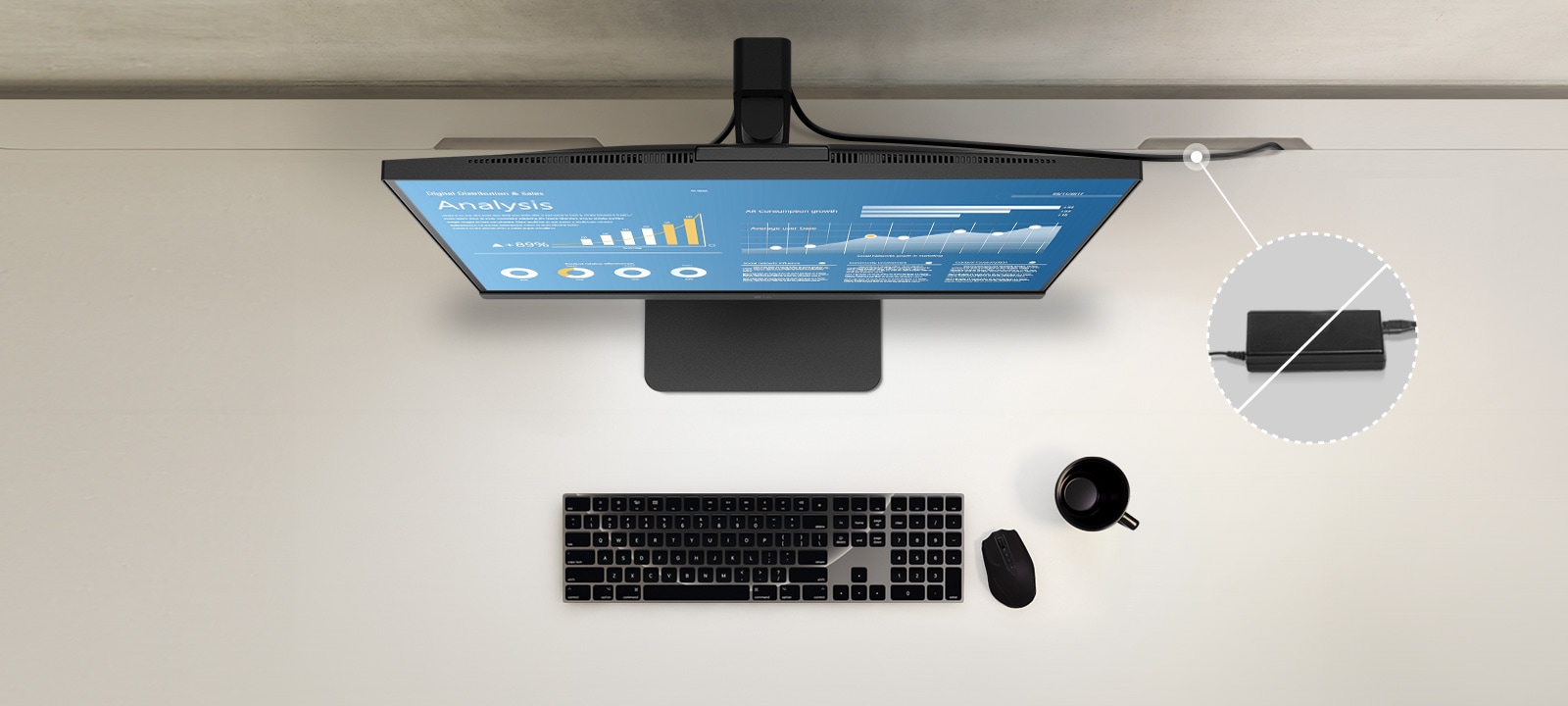 Top view showing the clean layout of the workstation by providing a built-in power source. 