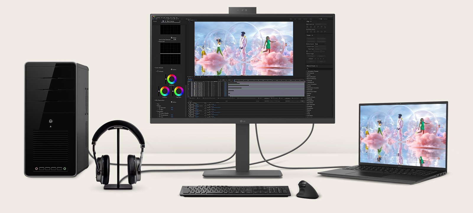 Front view showing a workstation with multiple devices connected to monitors. 
