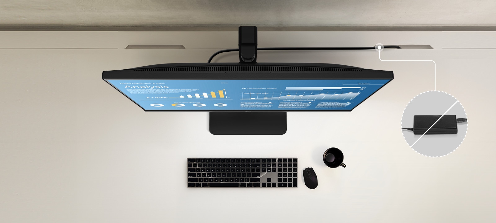 Top view showing the clean layout of the workstation by providing a built-in power source.	