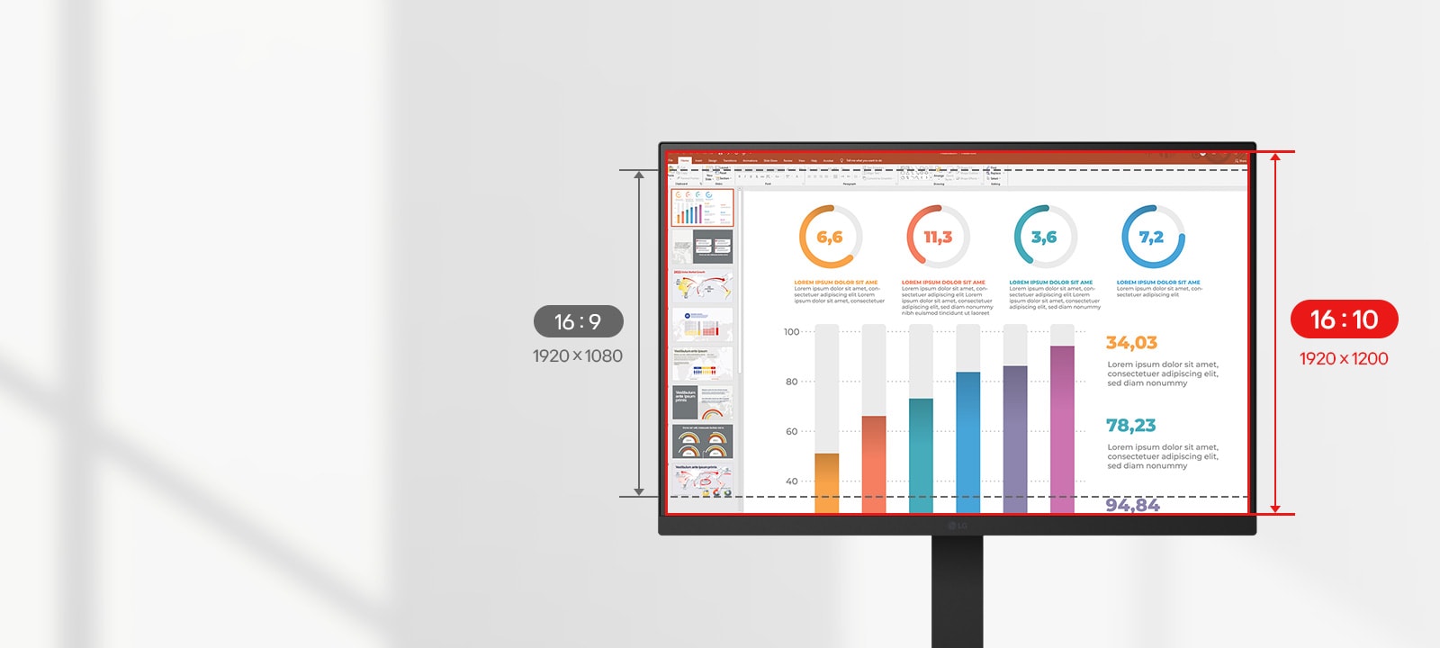 Front view of the monitor showing more pixels with 16:10 aspect ratio.