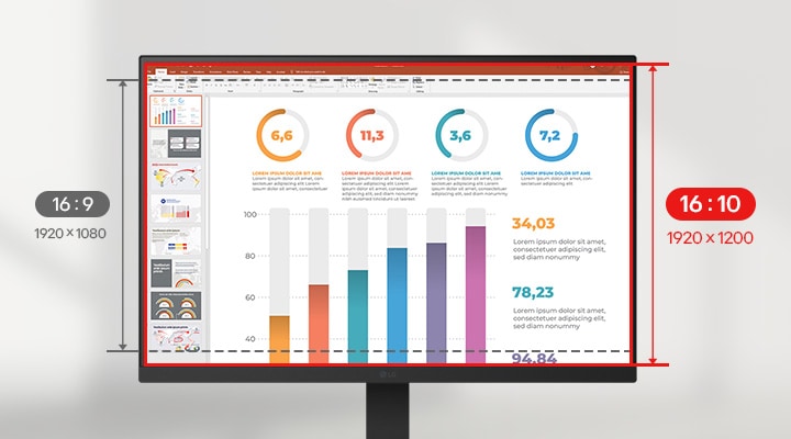 Front view of the monitor showing more pixels with 16:10 aspect ratio.