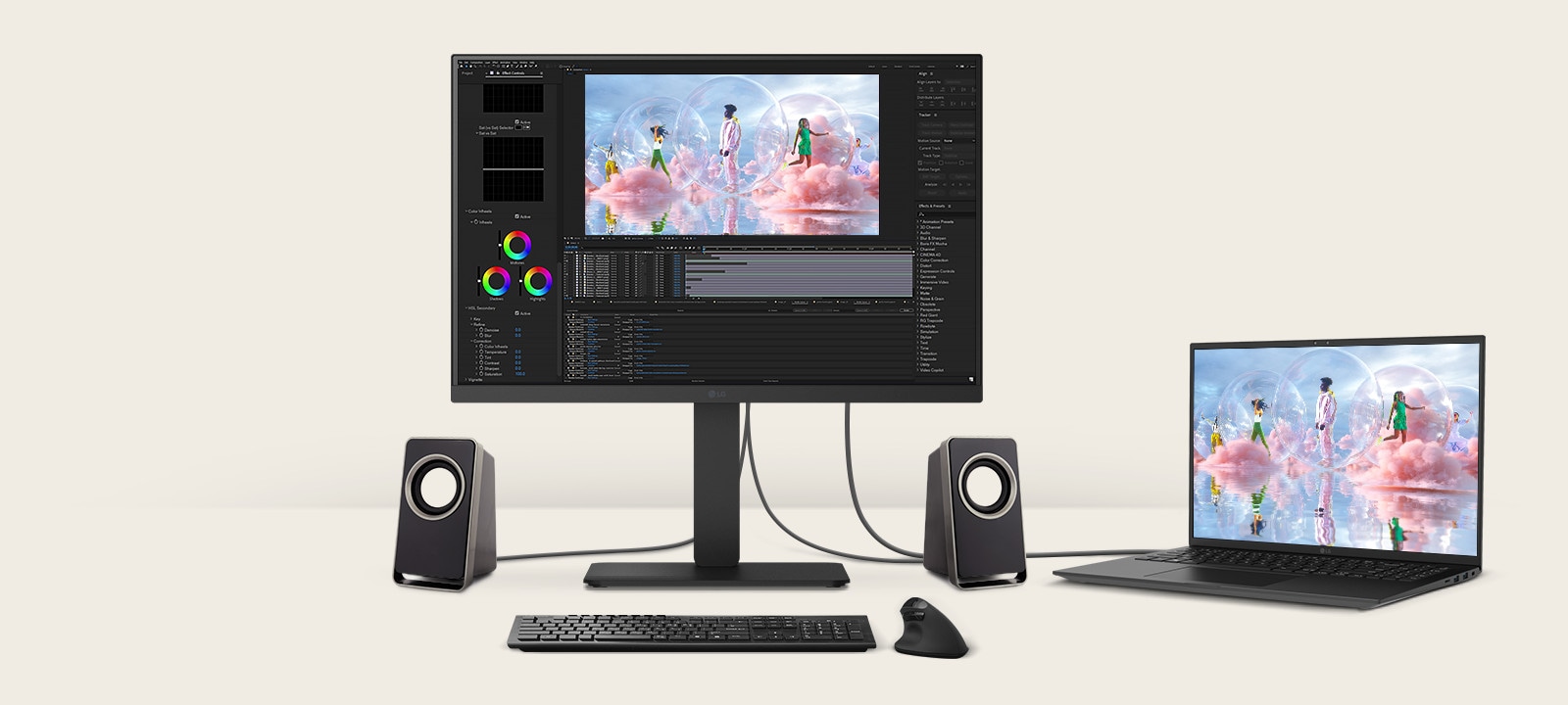 Front view showing a workstation with multiple devices connected to monitors.	
