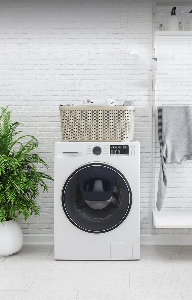 Image with washing machine and drying rack in laundry room