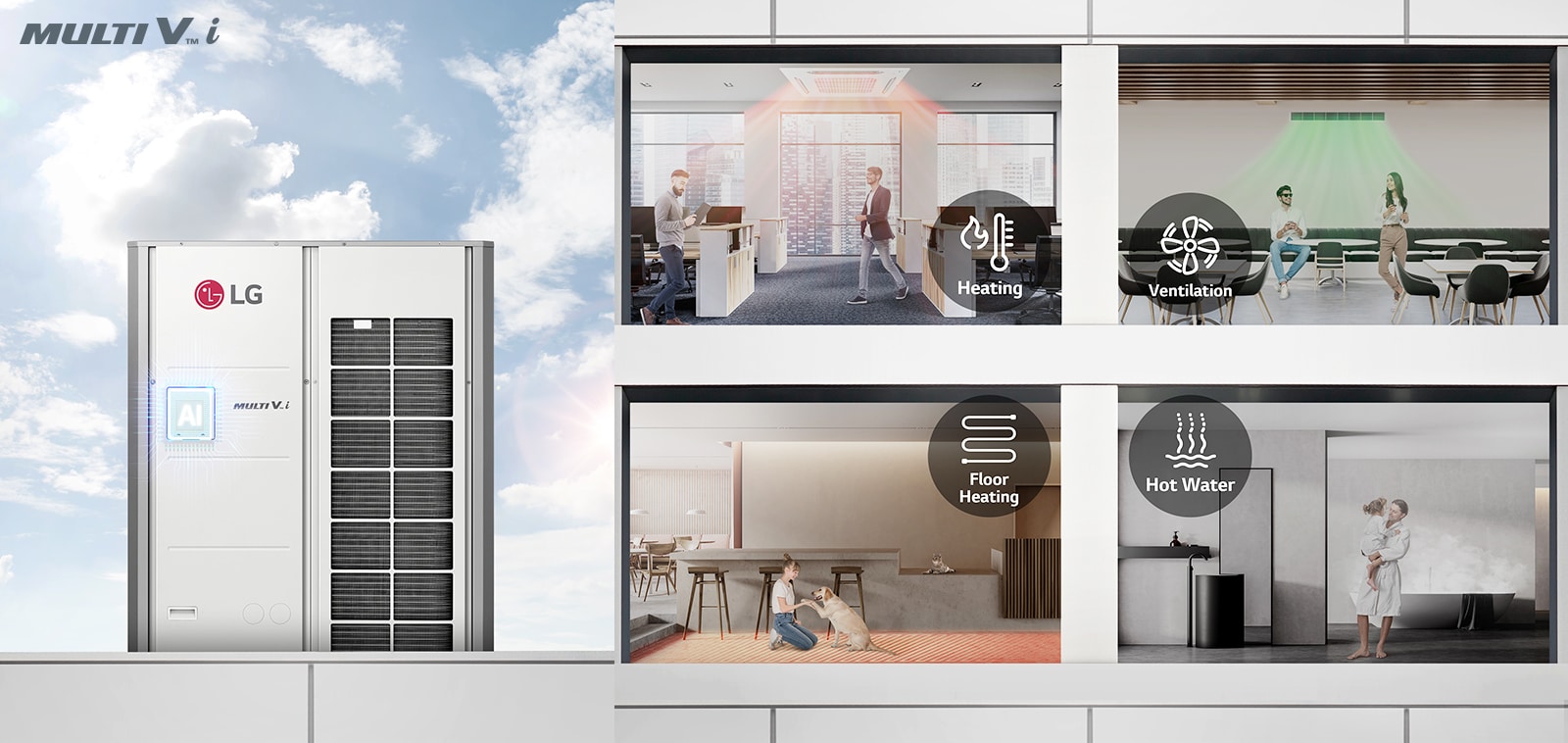 There are MULTI V i installed and people living inside the building.The first space is an office, heating, and the heating icon is highlighted. The second space is a cafe, full of clean air and highlights the icon for ventilation. The third space has a warm floor and highlights the floor heating icon. In the last space, warm water is coming out of the bathroom, and the hot water icon is highlighted.