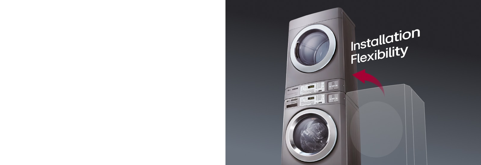 LG Commercial Laundry is installed in a two-tier configuration with a washer and dryer. The red arrow shows the washer positioned on top, highlighting the convenience of installation.