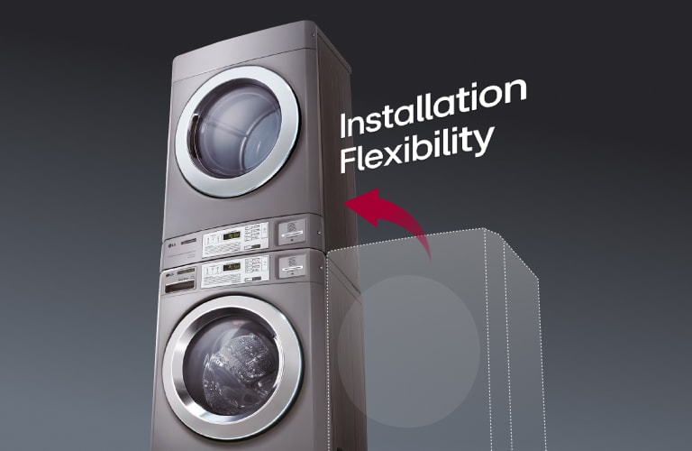 LG Commercial Laundry is installed in a two-tier configuration with a washer and dryer. The red arrow shows the washer positioned on top, highlighting the convenience of installation.