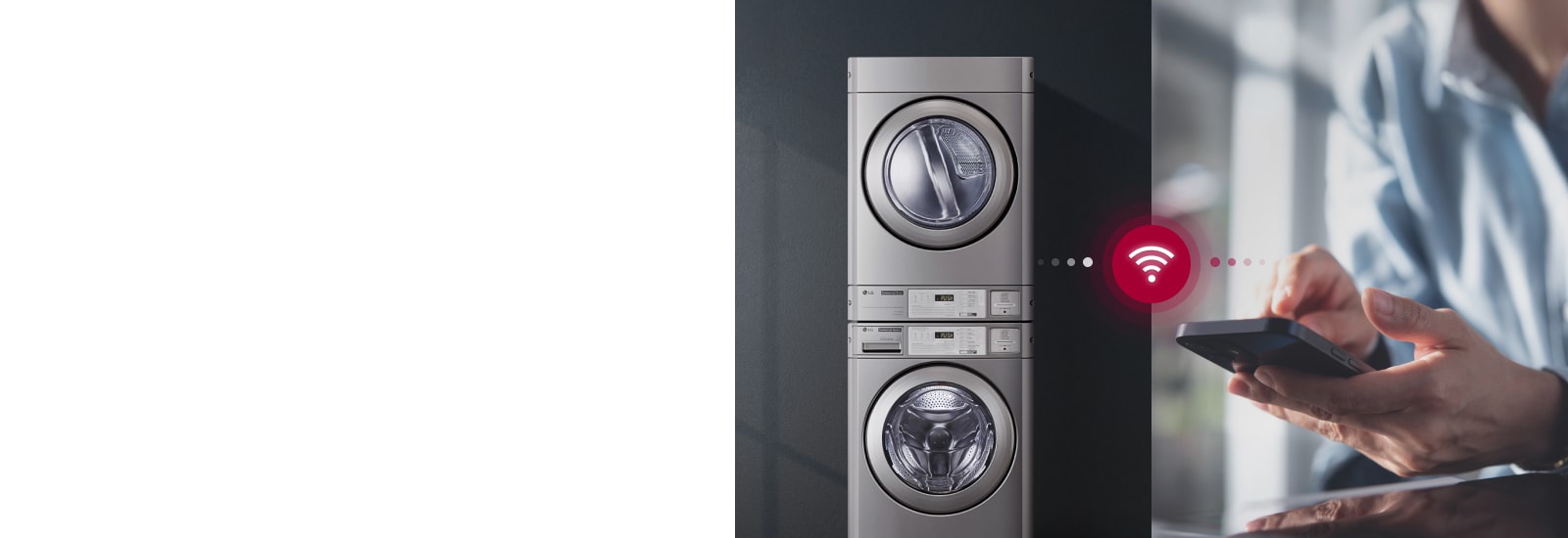 On the left side of the image, there are two-tiered washers and dryers. On the right, a person is shown using a smartphone. In the center, a Wi-Fi icon indicates that smart control of the washer via smartphone is possible.