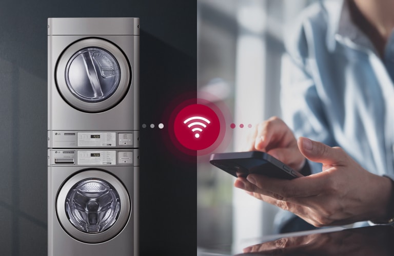 On the left side of the image, there are two-tiered washers and dryers. On the right, a person is shown using a smartphone. In the center, a Wi-Fi icon indicates that smart control of the washer via smartphone is possible.
