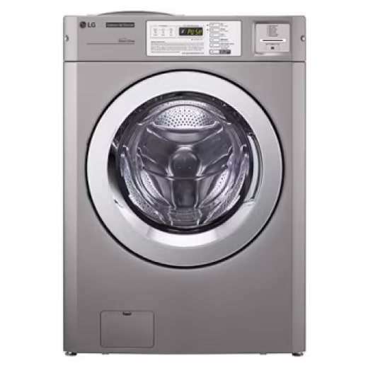 LG titan washer, a silver front-load washing machine.
