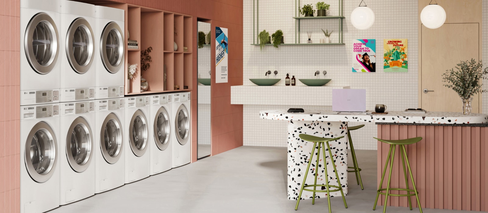 LG Commercial Laundry features eight white stackable washer-dryer units in a dormitory laundry room, neatly arranged in a modern, organized space.