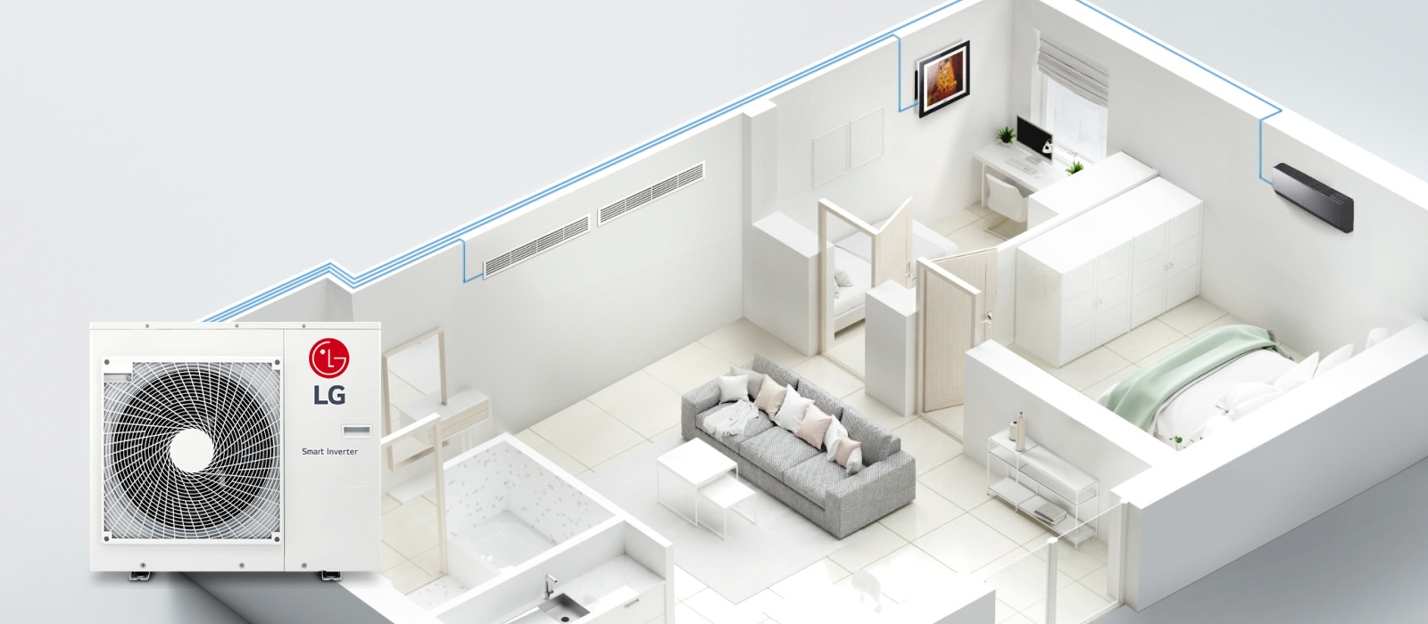 One LG outdoor unit connects to multiple indoor units, delivering airflow to each room through duct and wall-mounted systems.