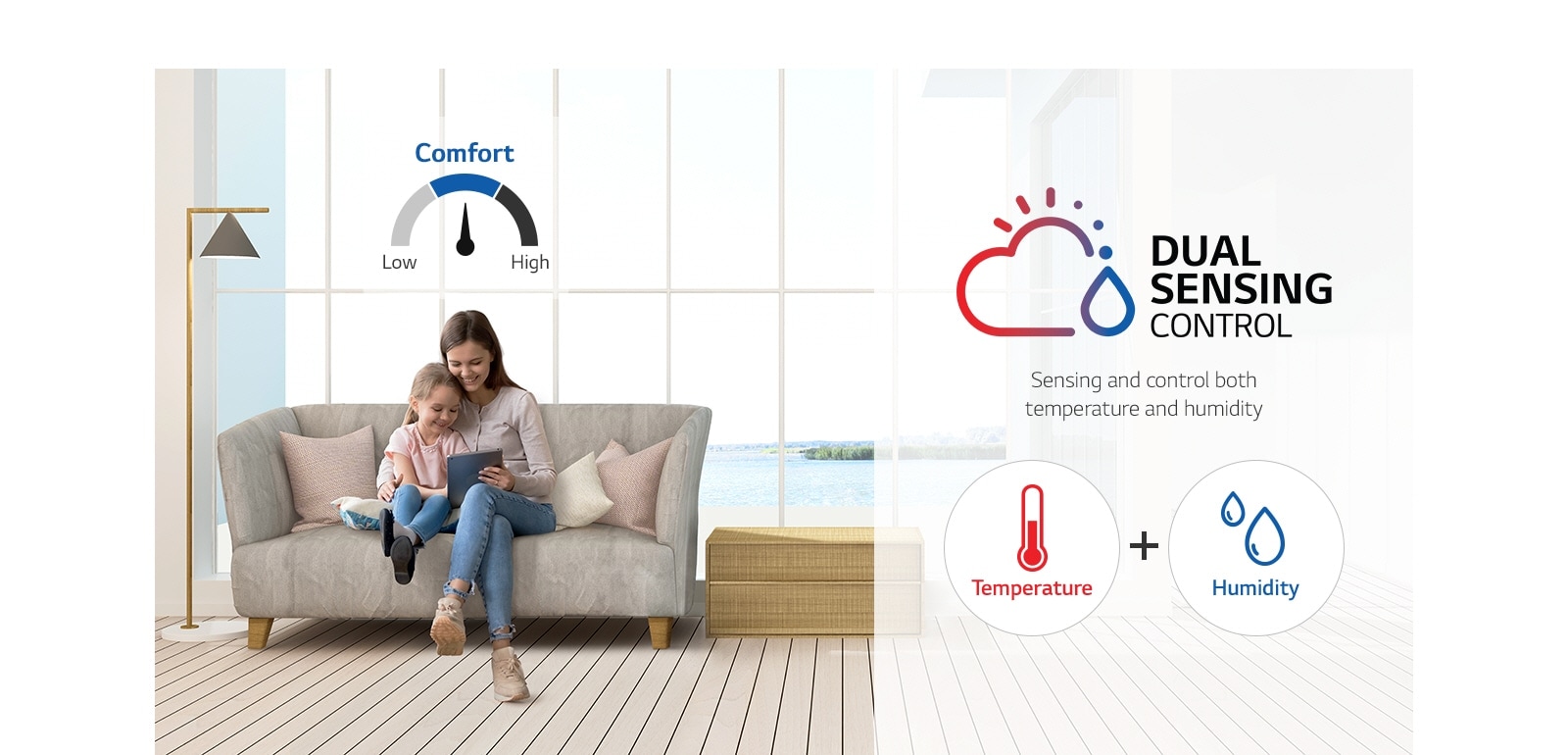 A mother and daughter rest on a couch, smiling as they watch a tablet. On the right side, a thermometer and a water droplet are displayed.