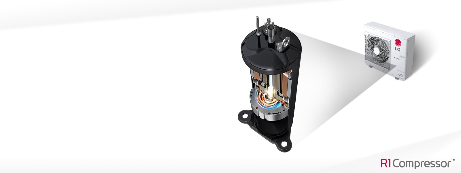 LG R1 Compressor is zoomed in and displayed on the left, beside the LG Multi V S on the right. The complex interior of the compressor is visible.