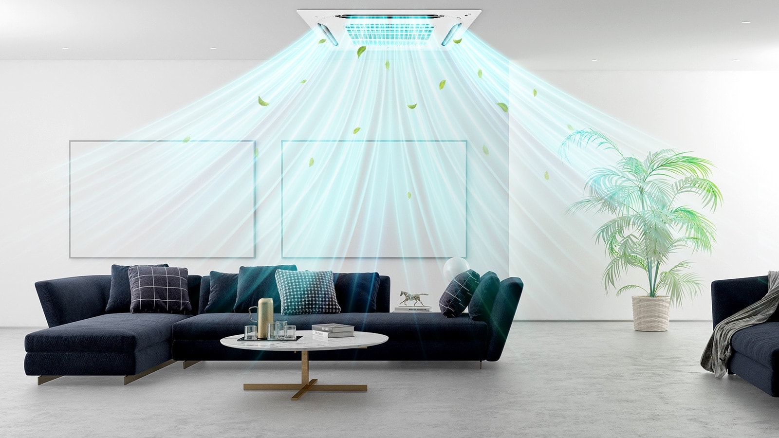 A navy sofa is paired with a white marble table at the center. Overhead, a square LG 4 way Cassette unit supplies airflow via dual vane.