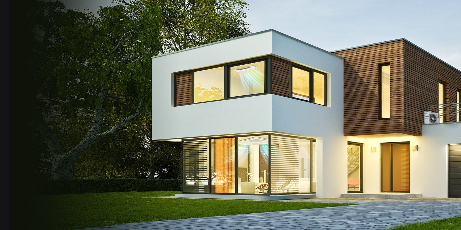 A house in white and wood tones. Both staircases feature ceiling-mounted air conditioning units with visible airflow. A front driveway with grass.