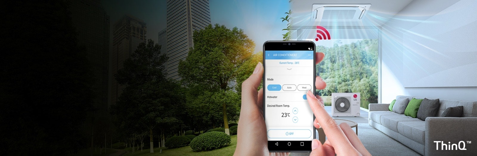 A user taps the ThinQ app on their phone. An LG indoor unit on the ceiling disperses visible airflow, with the outdoor unit shown below.