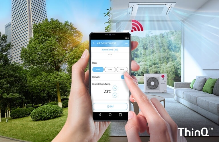 A user taps the ThinQ app on their phone. An LG indoor unit on the ceiling disperses visible airflow, with the outdoor unit shown below.