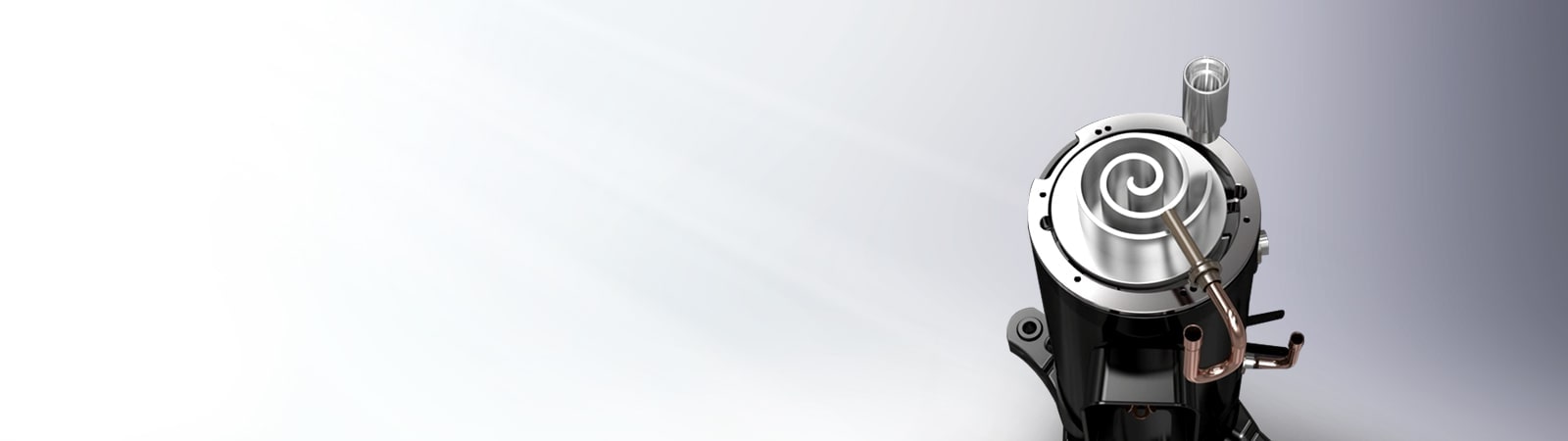 LG 5th generation inverter compressor features a black-covered bottom and metallic central parts with a spiral pattern.