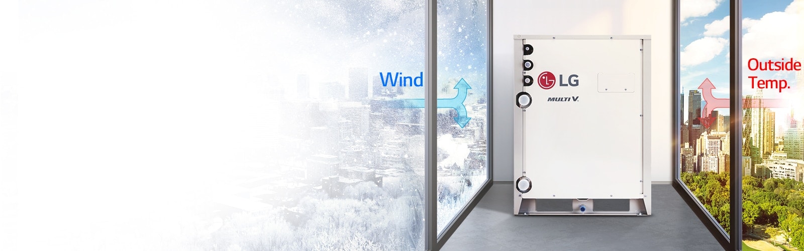 Flanked by a snowy winter cityscape on the left and a sunny summer vista on the right, the LG MULTI V WATER 5 is centrally positioned indoors.