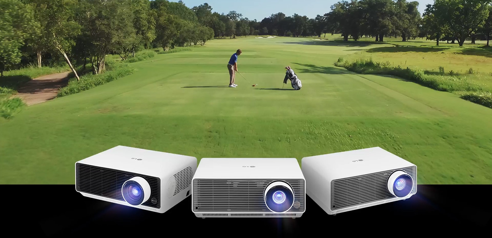 This is a video of a golfer hitting a ball on a golf course. Below are three LG ProBeam projectors with glowing lights.	